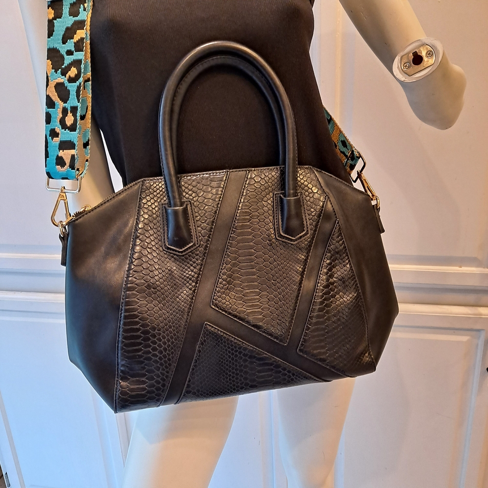 Sole Society Black Satchel with Animal Print Strap